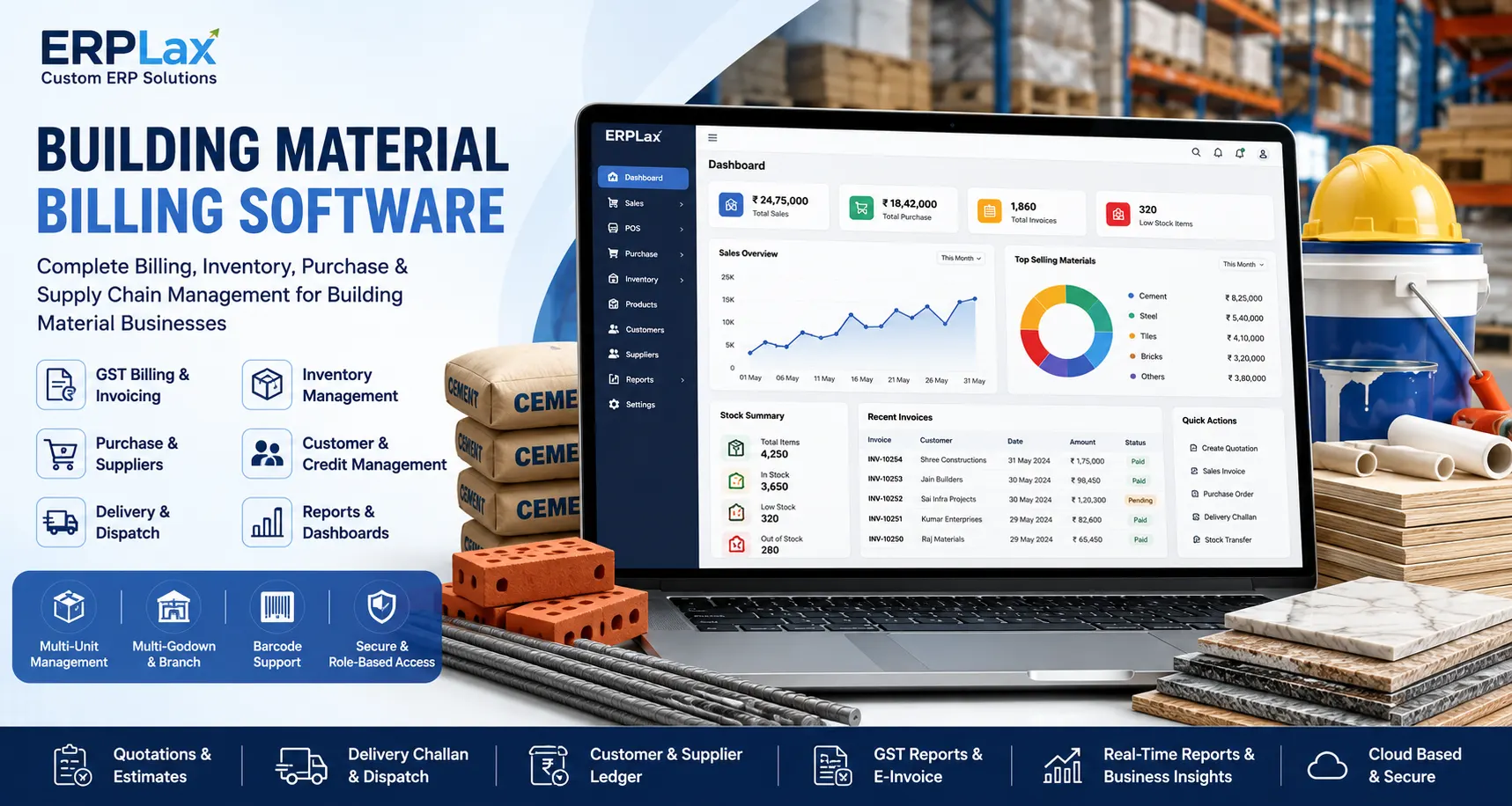 Building material billing software dashboard by ERPLax