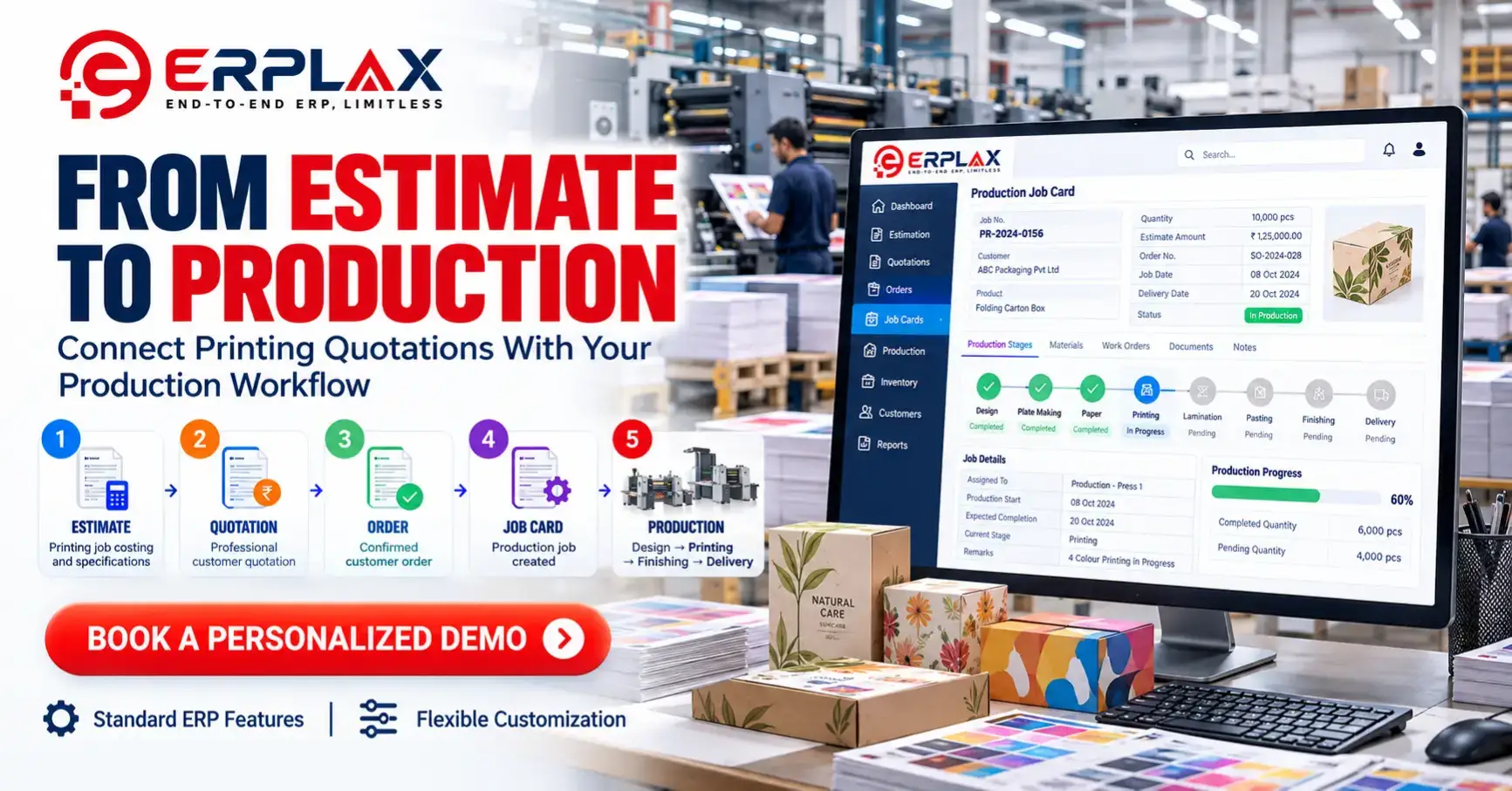 ERPLax production job order and department-wise tracking screen